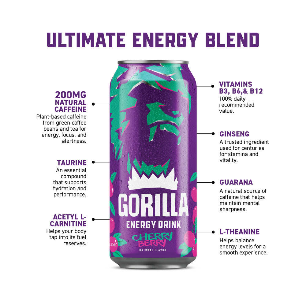 Gorilla Energy Drink, Cherry Berry, 16oz Cans (12 Pack)