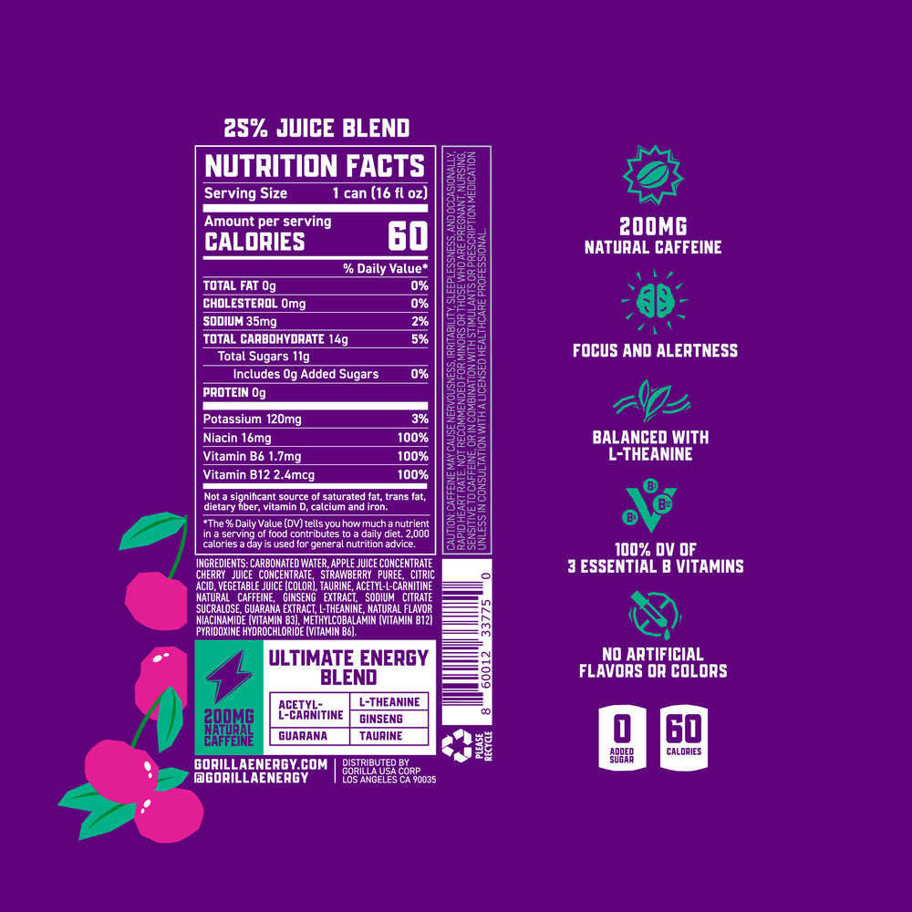 Gorilla Energy Drink, Cherry Berry, 16oz Cans (12 Pack)