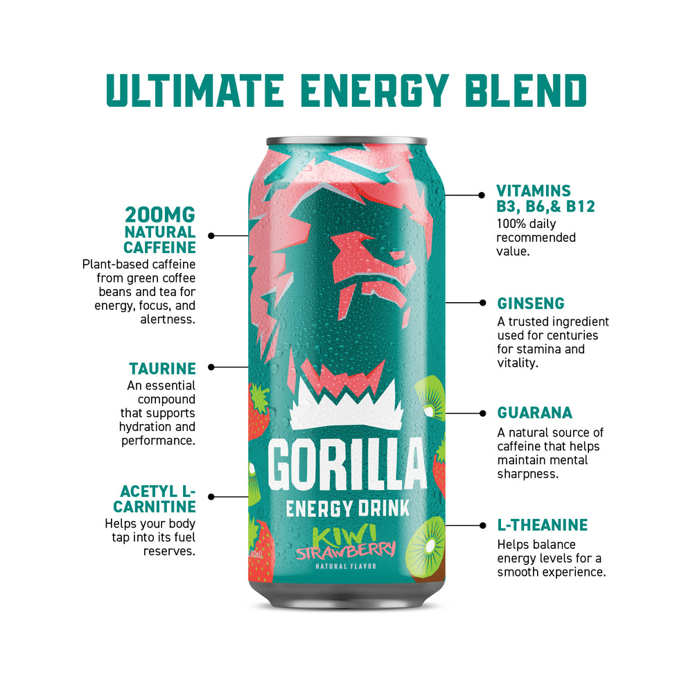 Gorilla Energy Drink, Kiwi Strawberry, 16oz Cans (12 Pack)