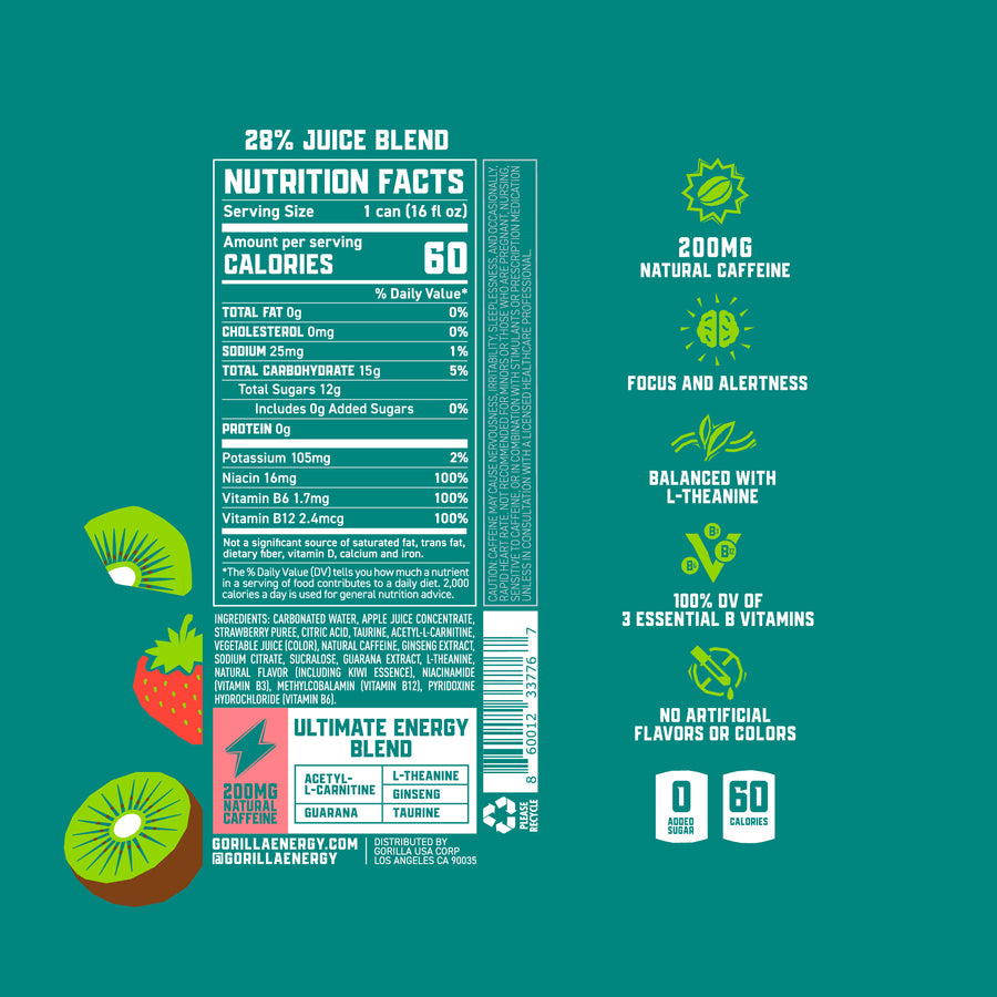 Gorilla Energy Drink, Kiwi Strawberry, 16oz Cans (12 Pack)