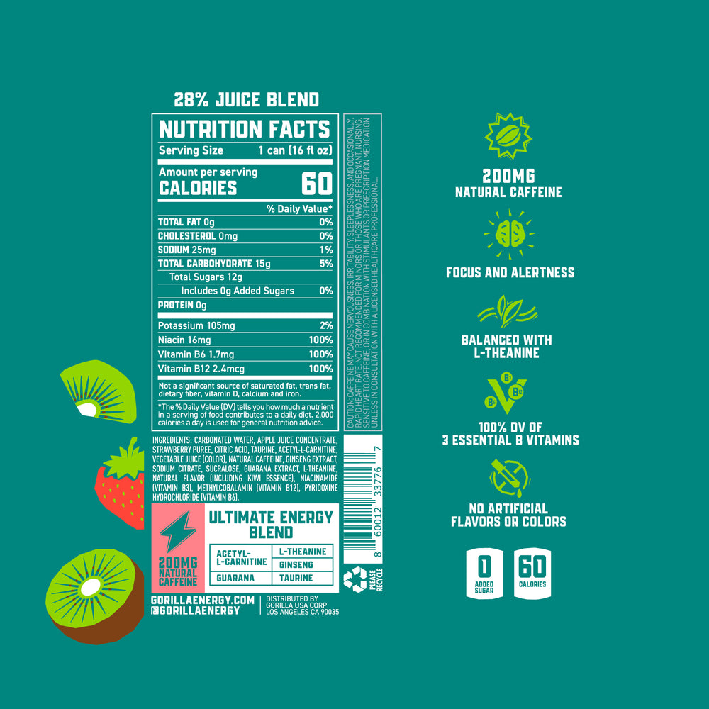 Gorilla Energy Drink, Kiwi Strawberry, 16oz Cans (12 Pack)