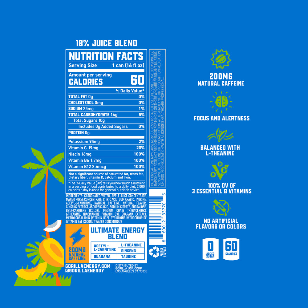Gorilla Energy Drink, Mango Coconut, 16oz Cans (12 Pack)