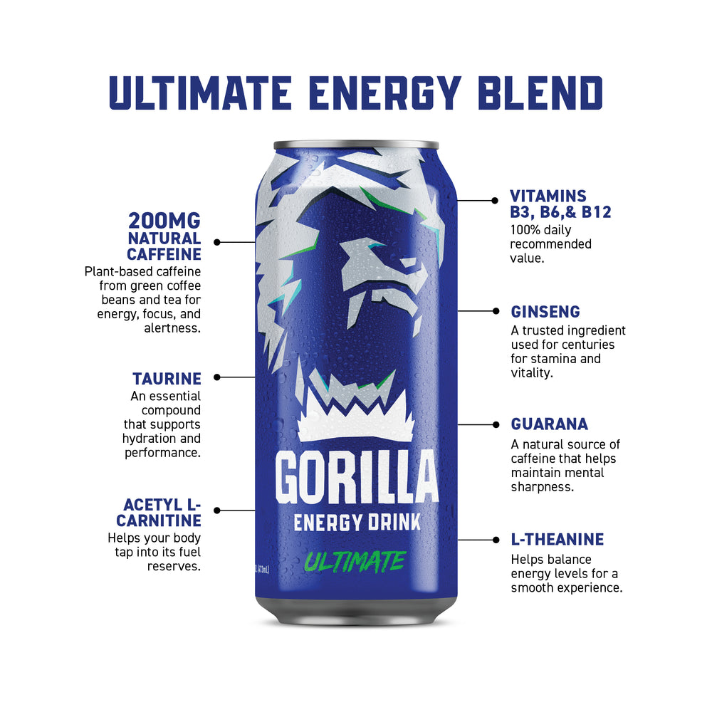 Gorilla Energy Drink, Ultimate Energy, 16oz Cans (12 Pack)