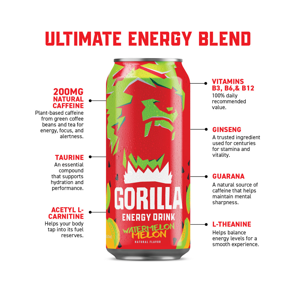 Gorilla Energy Drink, Watermelon Melon, 16oz Cans (12 Pack)