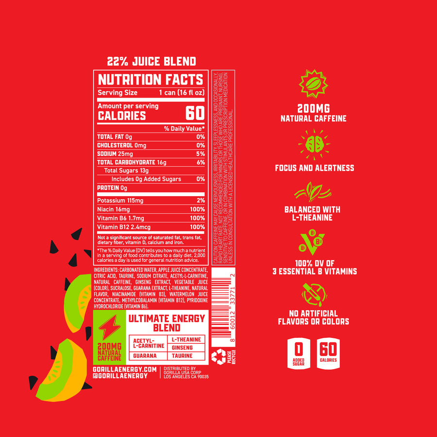 Gorilla Energy Drink, Watermelon Melon, 16oz Cans (12 Pack)