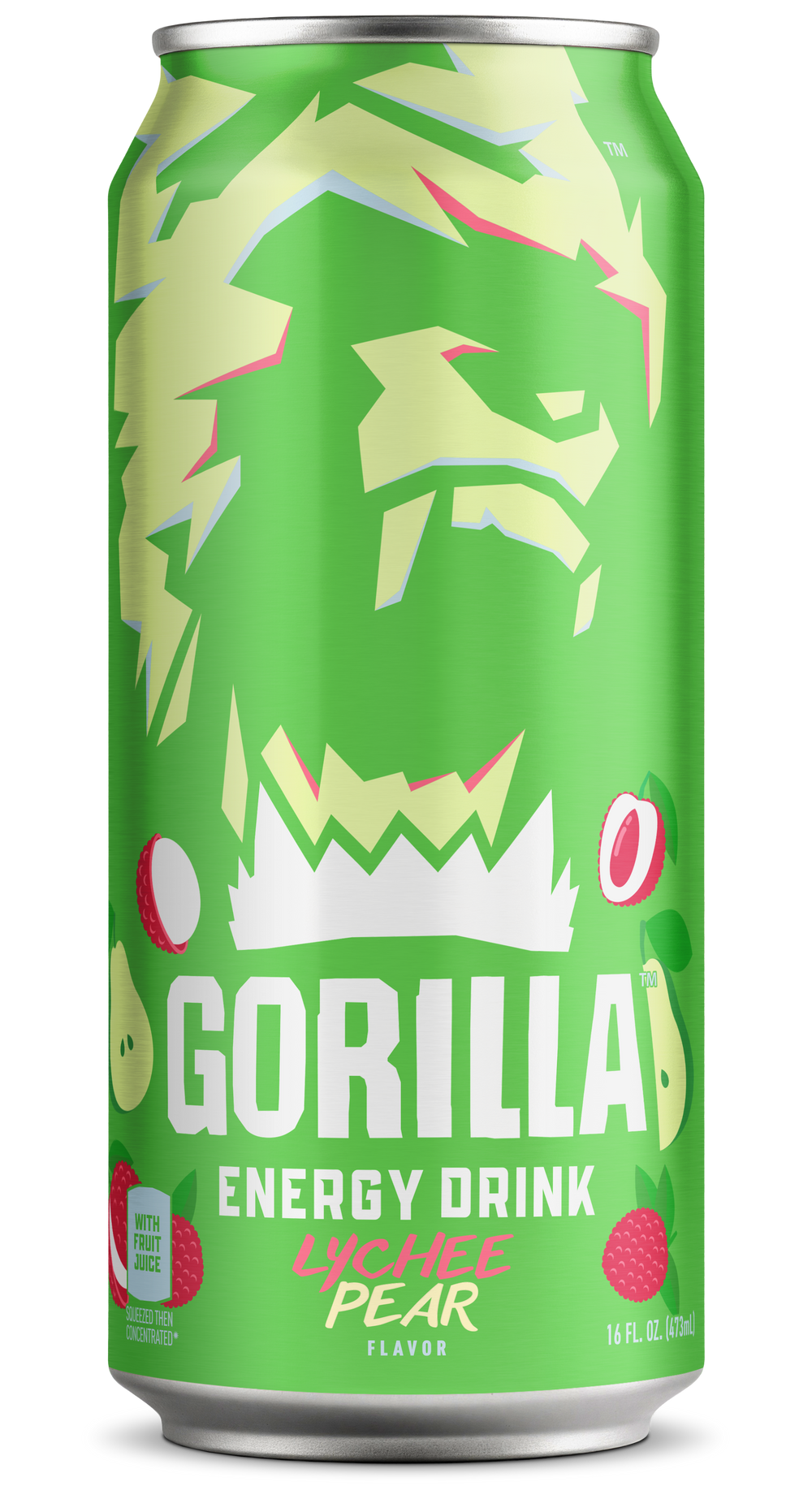 Gorilla Energy Drink, Lychee Pear, 16oz Cans (12 Pack)