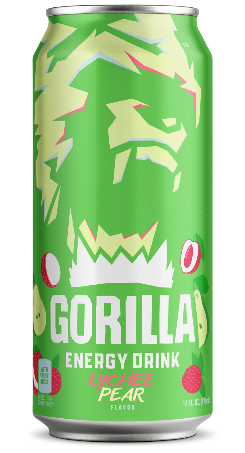 Gorilla Energy Drink, Lychee Pear, 16oz Cans (12 Pack)