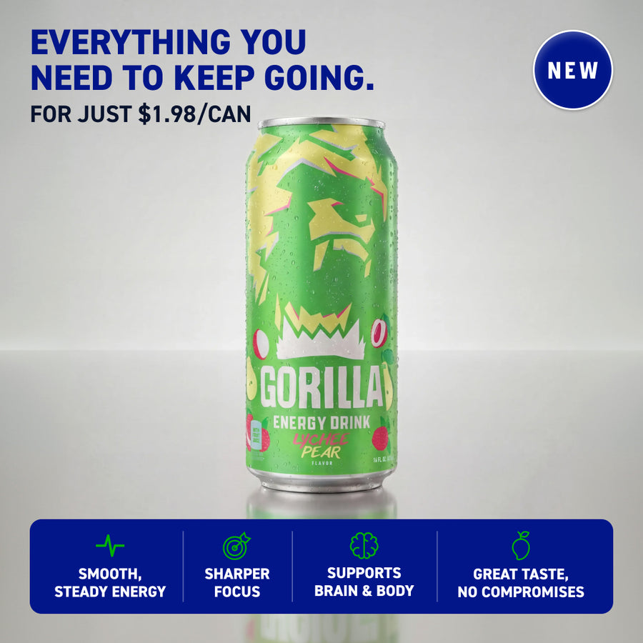 Gorilla Energy Drink, Lychee Pear, 16oz Cans (12 Pack)
