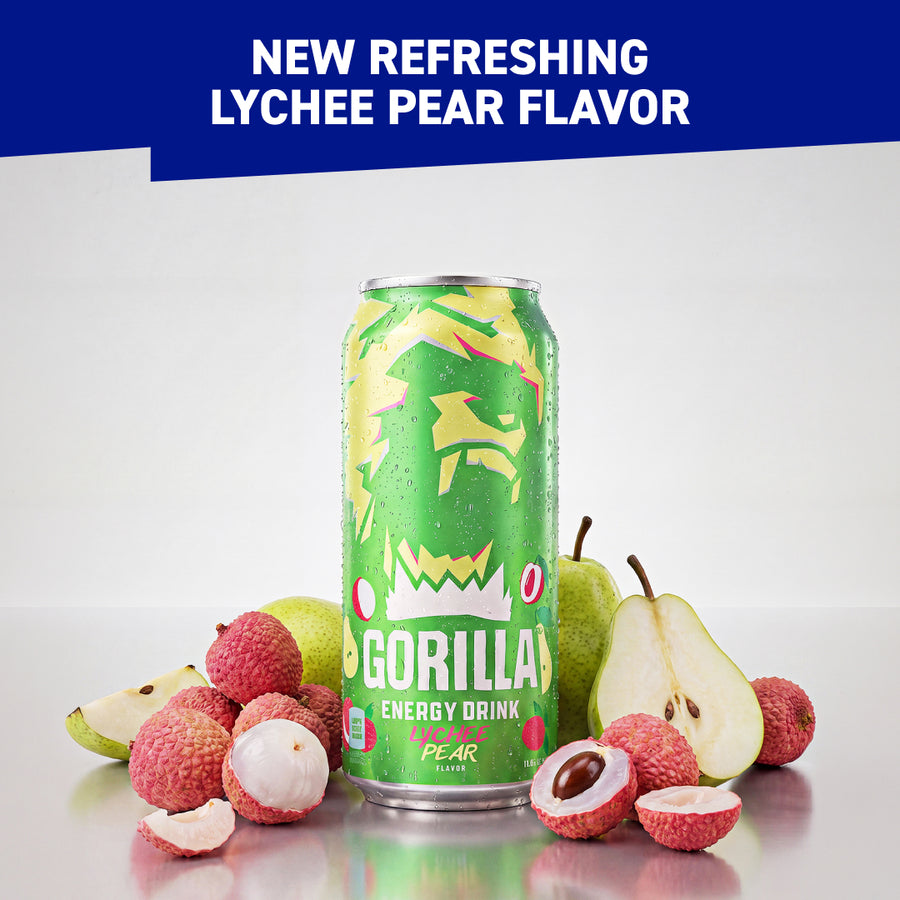 Gorilla Energy Drink, Lychee Pear, 16oz Cans (12 Pack)
