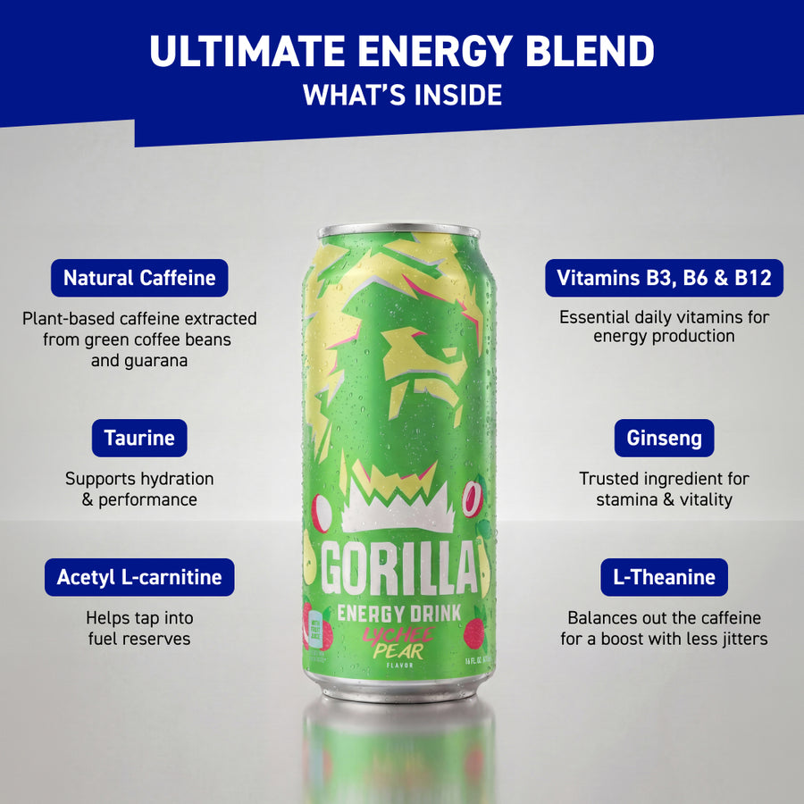 Gorilla Energy Drink, Lychee Pear, 16oz Cans (12 Pack)