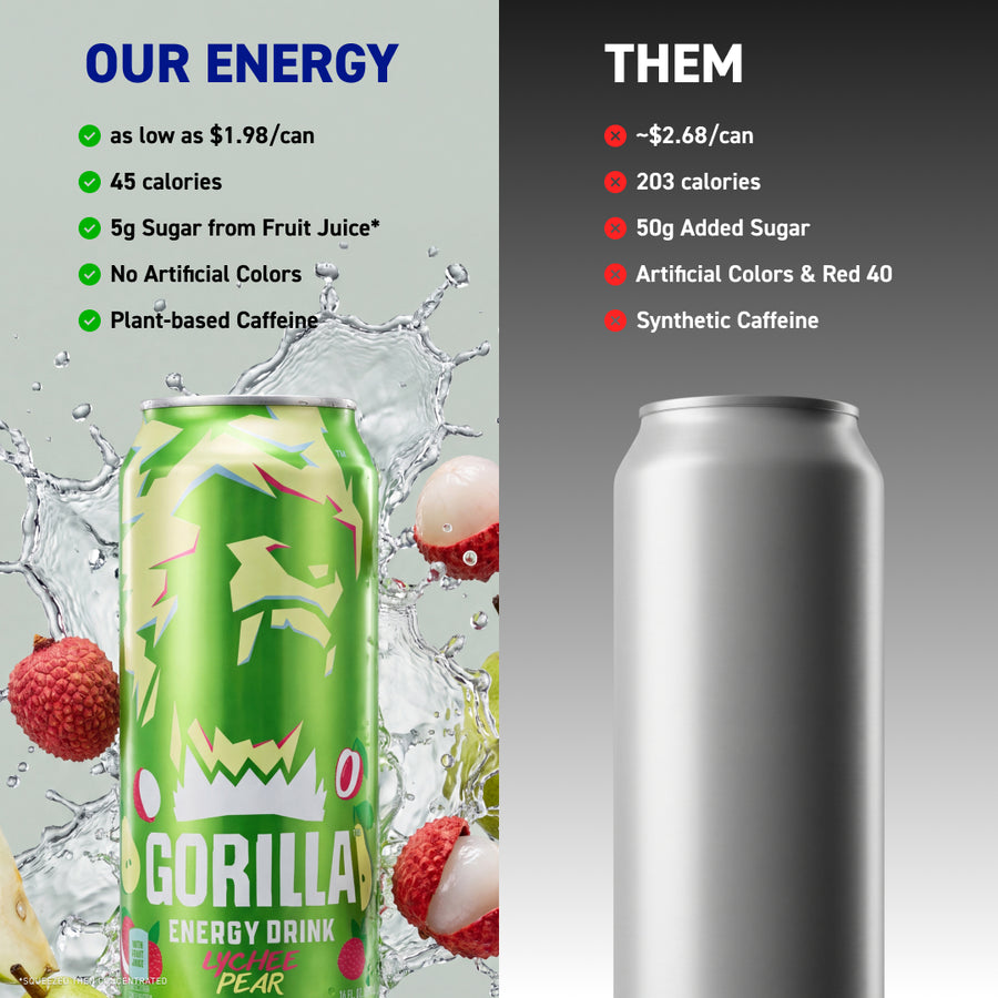 Gorilla Energy Drink, Lychee Pear, 16oz Cans (12 Pack)