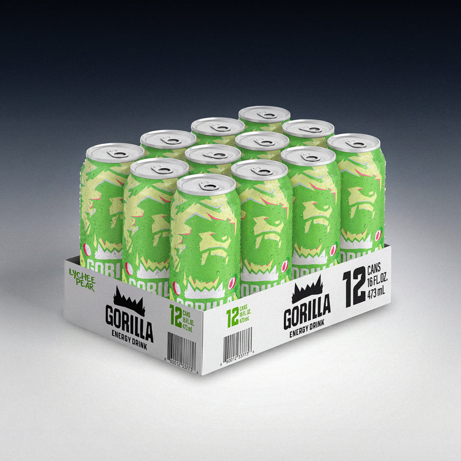 Gorilla Energy Drink, Lychee Pear, 16oz Cans (12 Pack)