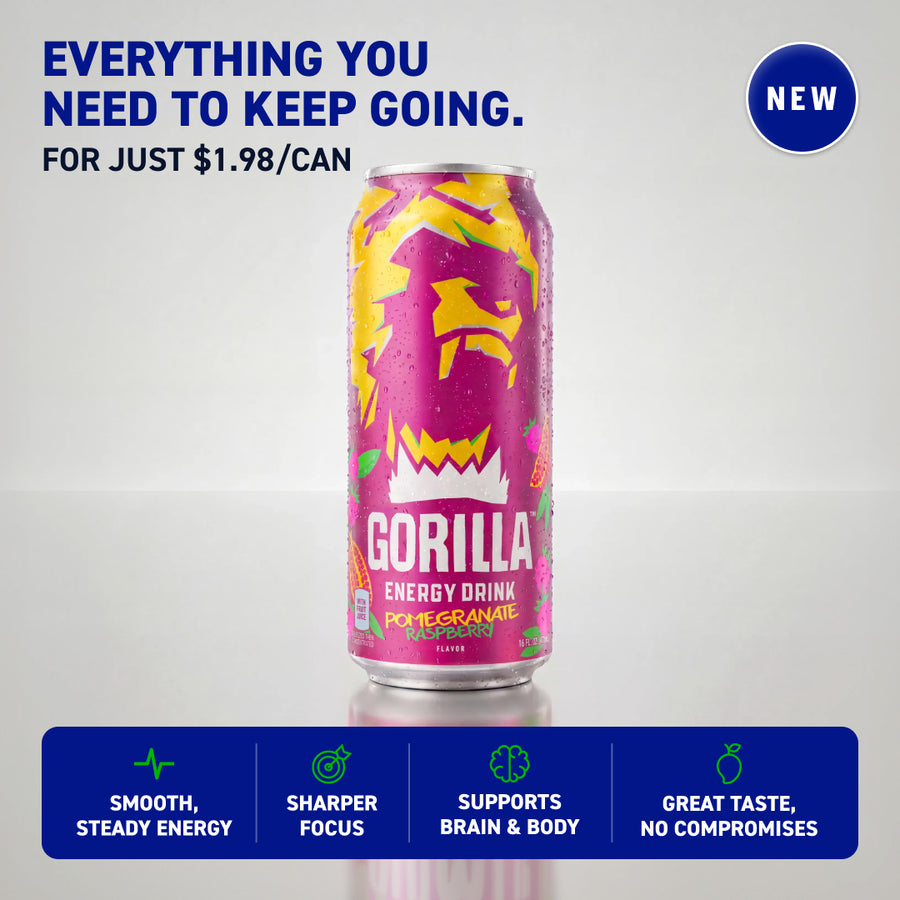Gorilla Energy Drink, Pomegranate Raspberry, 16oz Cans (12 Pack)