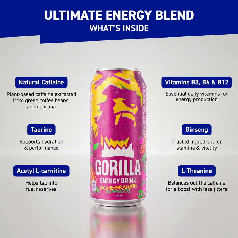 Gorilla Energy Drink, Pomegranate Raspberry, 16oz Cans (12 Pack)