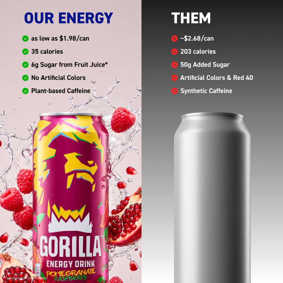 Gorilla Energy Drink, Pomegranate Raspberry, 16oz Cans (12 Pack)